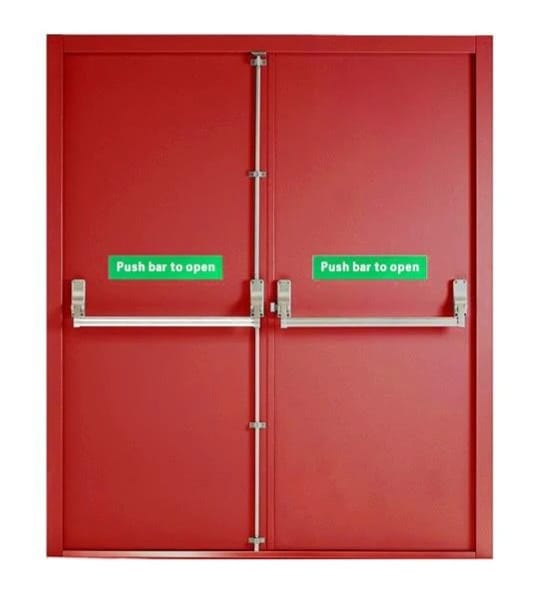 Double-leaf red fire exit door with panic bars